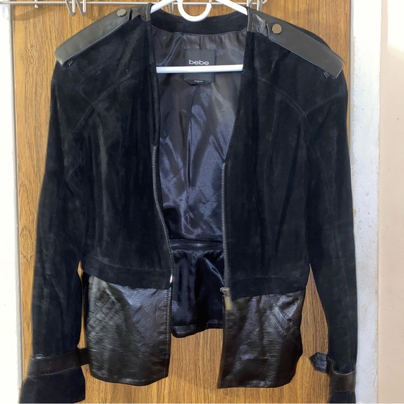 bebe Kate Drop Shoulder Suede & Leather Peplum Convertible Jacket - Picture 3 of 9